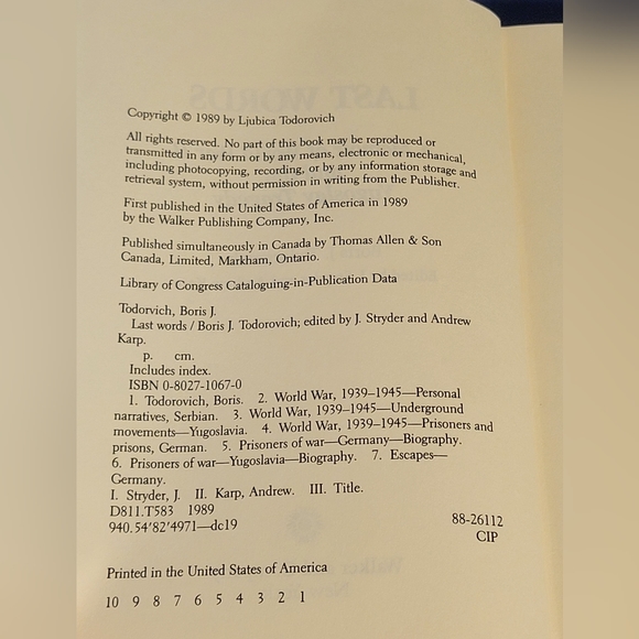 VTG 1989 LAST WORDS MEMOIR OF WORLD WAR II AND THE YUGOSLAV TRAGEDY Used, VG DJ - Picture 3 of 10